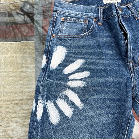 Women’s  Blue Straight-Leg Jeans with White Paint Floral Detail - Picture 3 of 11